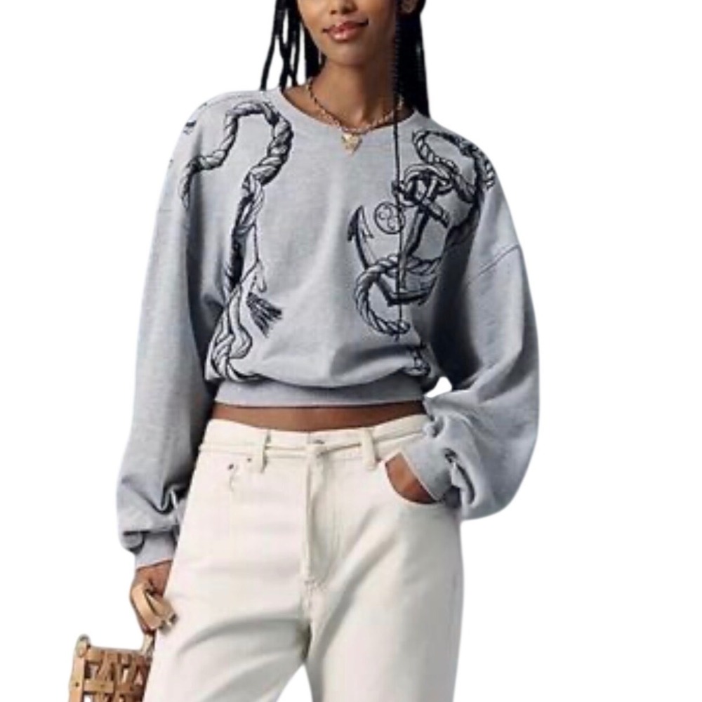 NWT Maeve Anthropologie Anchor Rope Graphic Sweatshirt Heather Gray Small